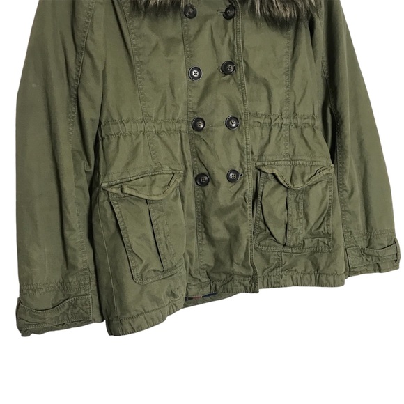 Hollister Army Green Removable Fur Trim Button Up Utility Jacket Coat Women Sz L - Picture 4 of 16